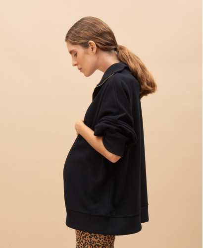 Sweat de grossesse noir à zip en coton biologique