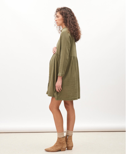 Esther Khaki Organic Cotton Gauze Pregnancy Dress