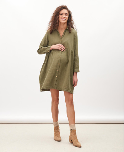Esther Khaki Organic Cotton Gauze Pregnancy Dress