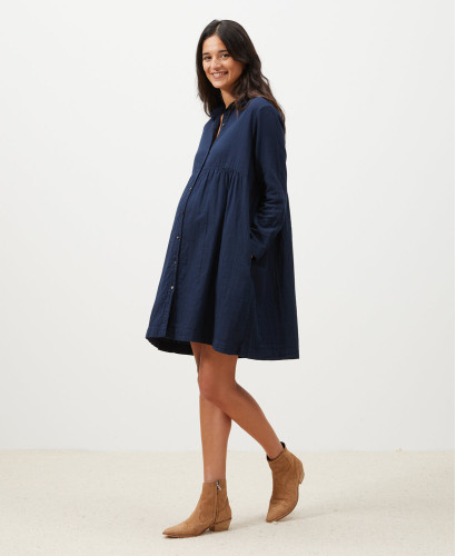 Esther Navy Blue Organic Cotton Gauze Pregnancy Dress