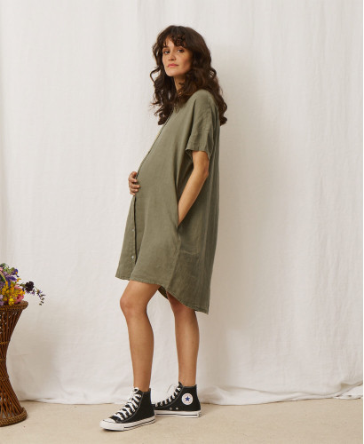 Alice Khaki Linen Maternity Dress I Pregnant Women & Nursing Dresses