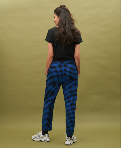 Pantalon de grossesse confortable en flanelle de coton motif vichy bleu et noir