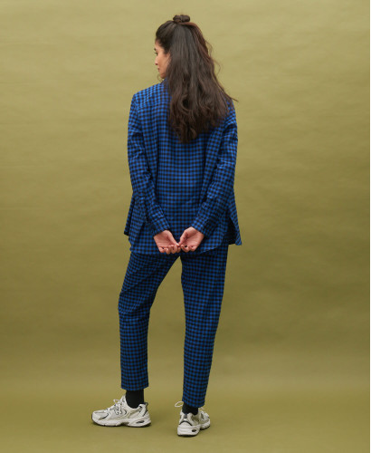Pantalon de grossesse confortable en flanelle de coton motif vichy bleu et noir