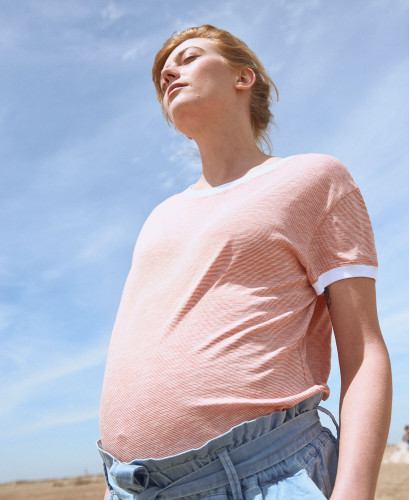 T-Shirt Schwangerschaft Kurzarm Streifen Rot Baumwolle
