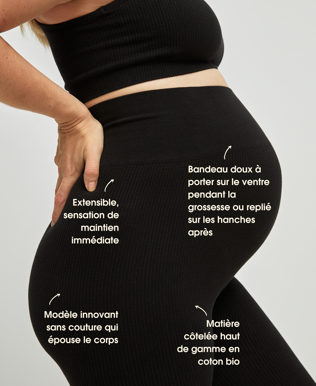 Nahtlose Gerippte Schwangerschaft-Leggings Bio Baumwolle schwarz