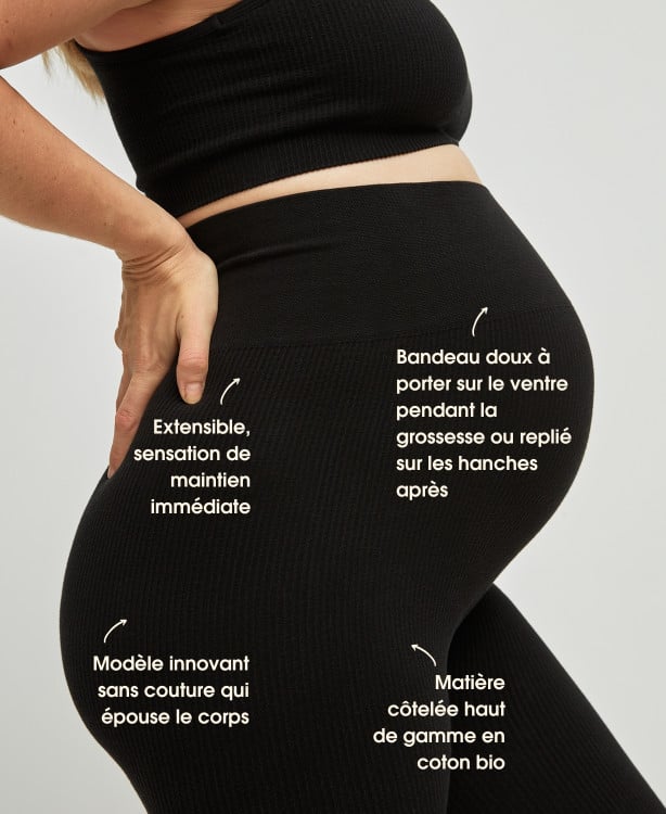 Legging Grossesse Sans Couture Côtelé Coton Bio Noir