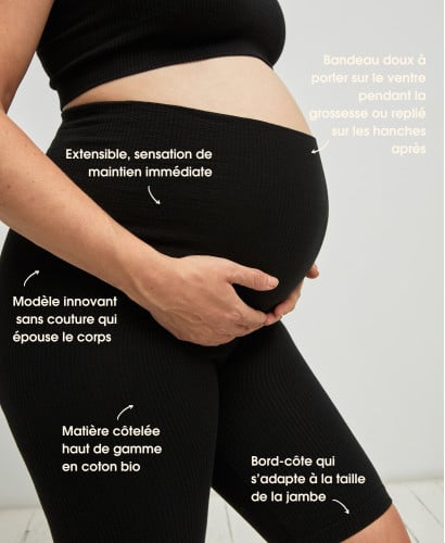 Nahtlose Schwangerschaft-Biker Shorts aus gerippter Bio-Baumwolle schwarz