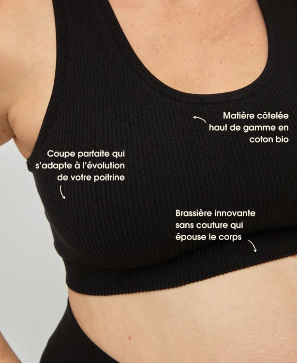 Brassière Sans Couture Côtelée Coton Bio Noir