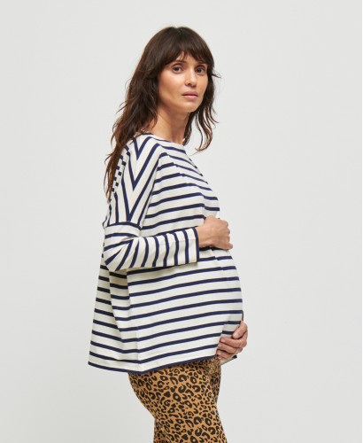 Red Cotton Striped Pregnancy Top l Sustainable Maternity Top -  Blue 