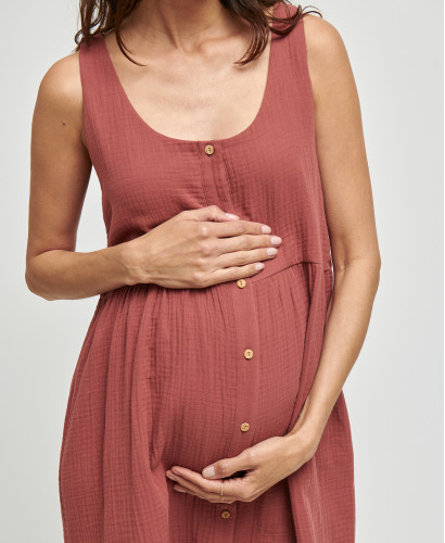 Lana Brick Red Organic Cotton Gauze Pregnancy Dress