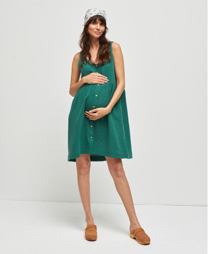 Lana Brick Organic Cotton Gauze Pregnancy Dress I Maternity Dresses -  Emerald green 