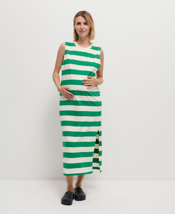 Charlie Green/Ecru Stripes Cotton Pregnancy Dress