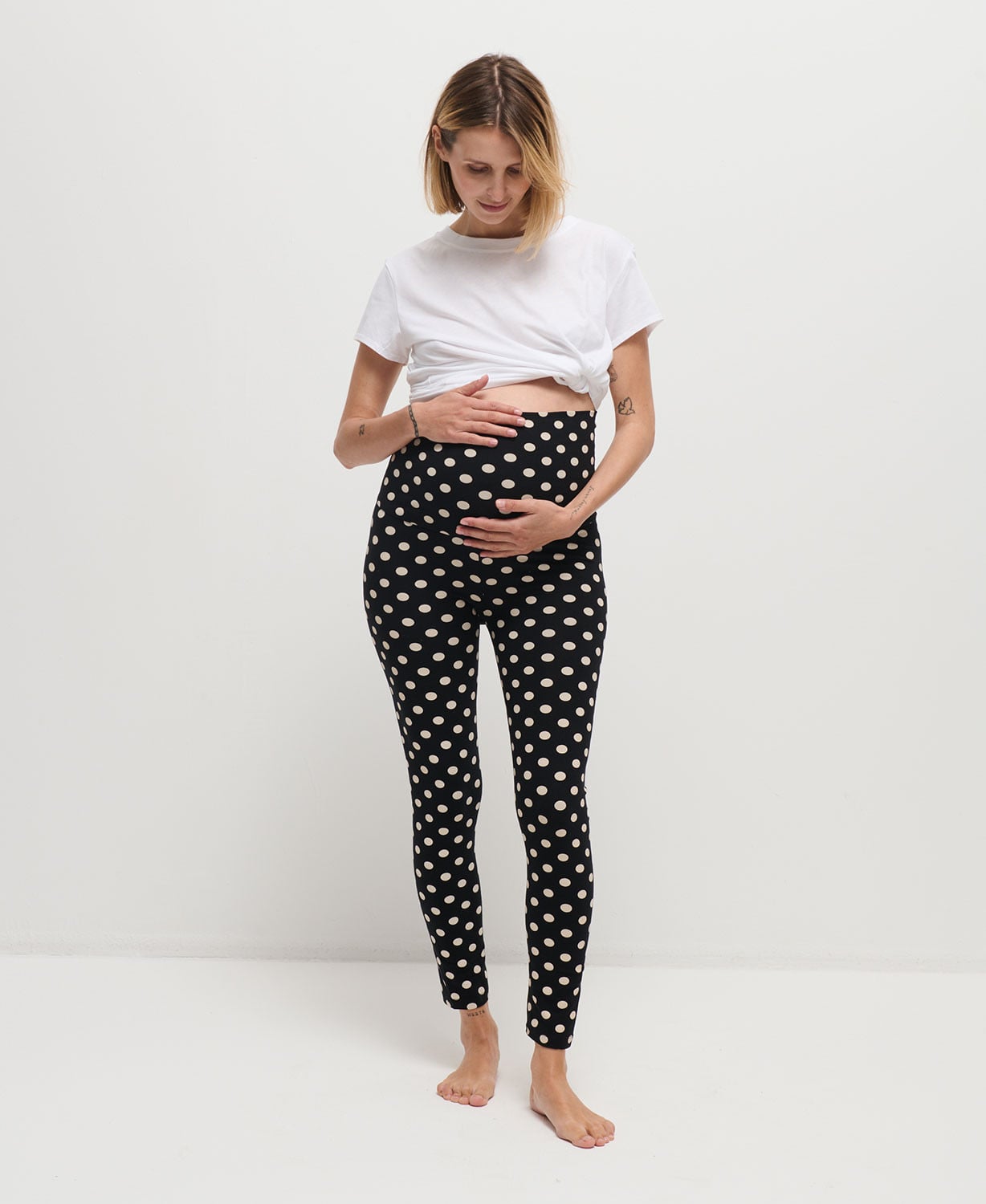Organic Cotton Black & Ecru Polka Dots Pregnancy Leggings