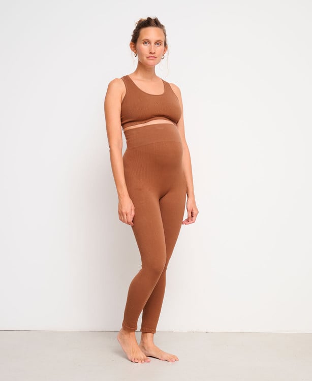 Legging Grossesse Sans Couture Côtelé Coton Bio Marron