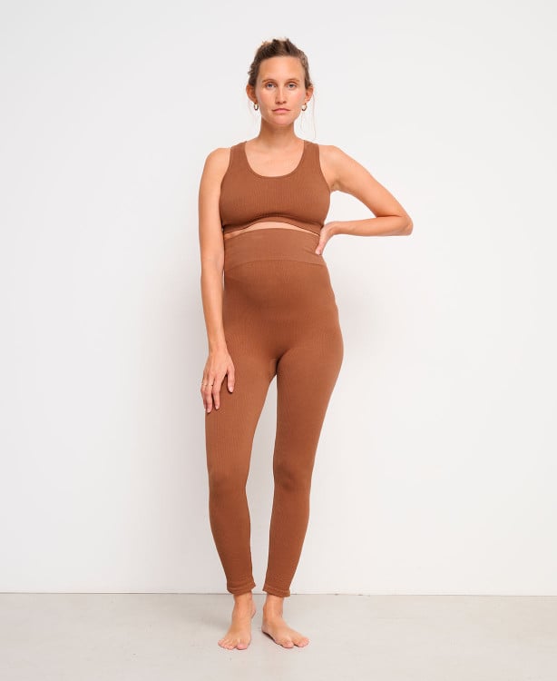 Legging Grossesse Sans Couture Côtelé Coton Bio Marron