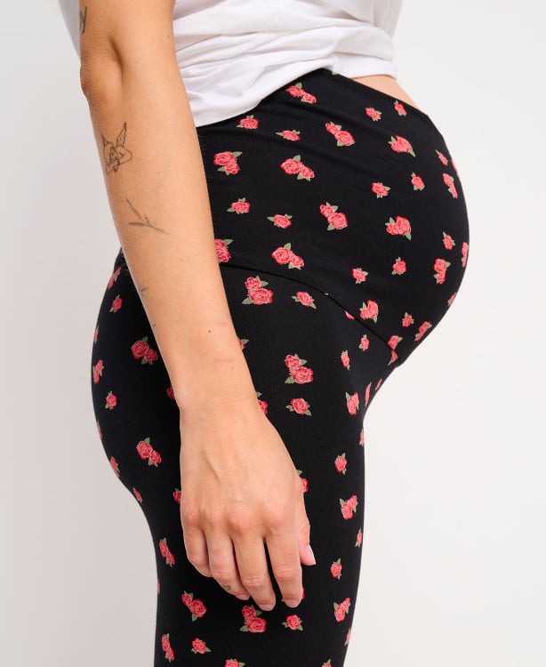 Legging grossesse Roses coton bio noir