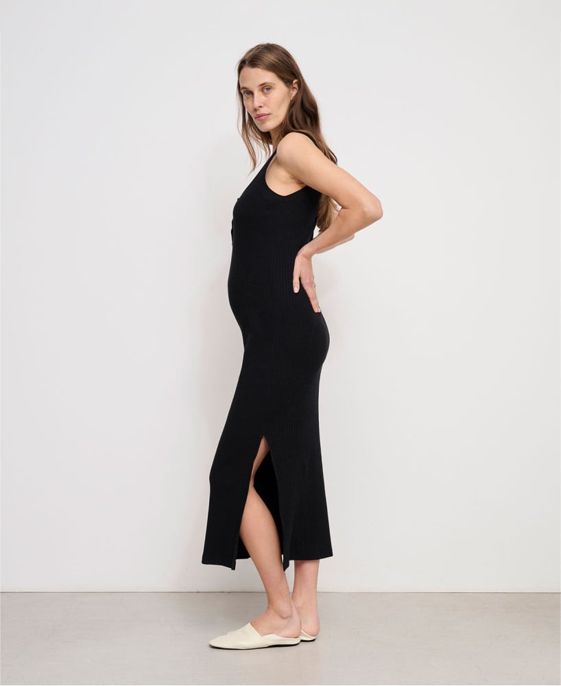 black cotton maternity dress Anouk Long Fitted and after pregnancy. structured waist midi dress Size:Large 16.5