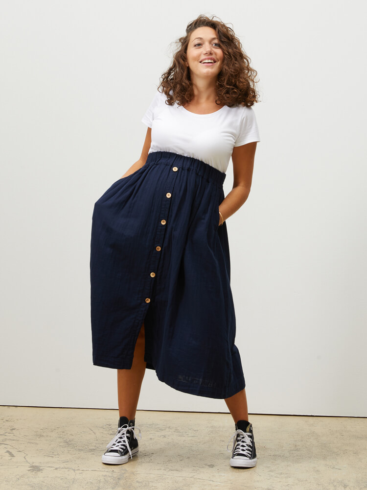 Navy blue organic cotton gauze maternity skirt